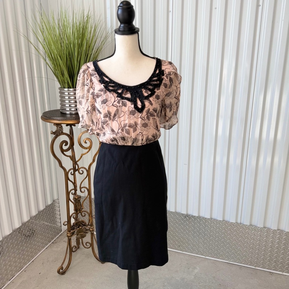 Eva Franco Silk Sheath Dress Women 4 Pink Black Excellent Floral Owl Soutache
